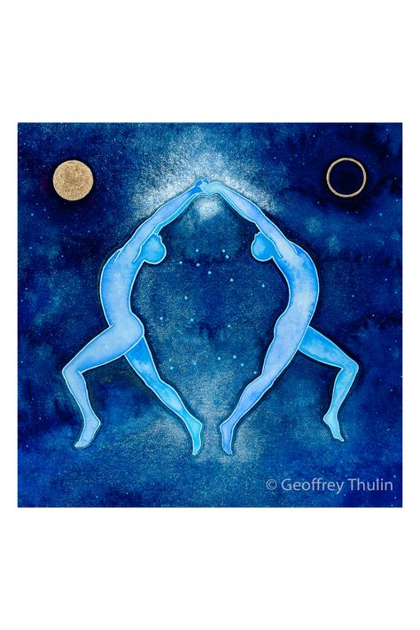 original gouache painting in blue and silver celebrating the zodiac sign Gemini by American watercolor artist Geoffrey Thulin Zodiac Painting Ideas, Gemini Painting, Gemini Pictures, Peruvian Pottery, Zodiac Painting, Gemini Vibes, Spiritual Art Painting, Paint Practice, Full Moon Photography