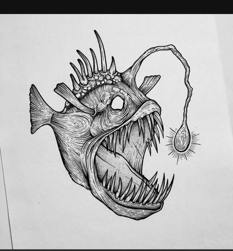 Anglerfish Tattoo, Angler Fish Drawing, Angler Fish Tattoo, Creature Marine, Sea Tattoo, Ocean Tattoos, Nautical Tattoo, Theme Tattoo, Creepy Tattoos