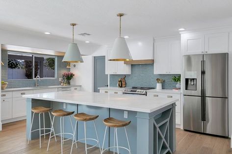 Whitney Beswick (@wbeswick) • Instagram photos and videos Light Blue Backsplash, Blue Kitchen Inspiration, Light Blue Kitchen, Blue Backsplash Kitchen, Cleaning Ceramic Tiles, Kitchen Renovation Inspiration, Light Blue Kitchens, Kitchen Colour, Cleaning Tile Floors