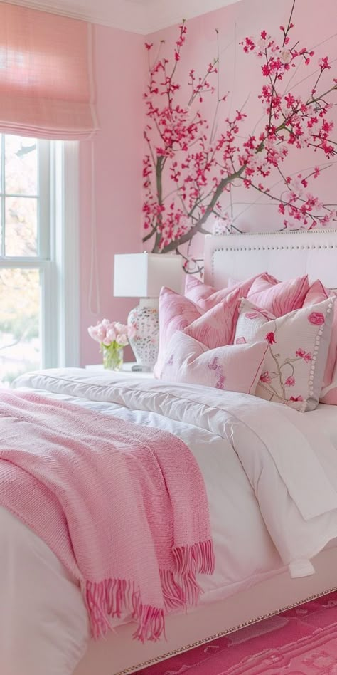 Korean Bedroom Ideas, Japandi Bedroom Ideas, White Wooden Bed, Pink Bedroom Design, Purple Bedrooms, Pink Bedrooms, Pretty Bedroom, Pink Bedroom, Pink Room