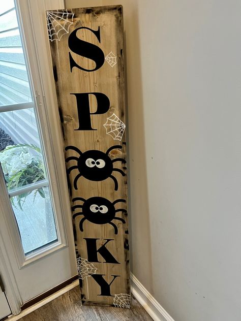 Get in the spirit of Halloween with this themed front porch welcome sign.  This sign is stained in a light grey, with black distressing around the outside. Spooky spiders and cobwebs help bring together the theme.  Your porch will be ready for all the trick or treaters with this sign!  All of my porch signs are hand painted... due to differences in wood knots and textures, each sign is unique.  This sign will be coated with a polyurethane layer to help protect from the elements. Coffin Porch Leaner, Trick Or Treat Porch Sign, Diy Painted Halloween Signs, Halloween Front Porch Sign, Diy Front Porch Signs, Fall Front Porch Signs, Wooden Welcome Signs Front Porches Diy, Cute Fall Signs, Halloween Porch Signs Diy