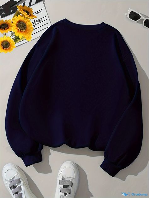 Orcajump - Plus Size Basic Sweatshirt, Women's Plus Solid Fleece Lined Long Sleeve Round Neck Slight Stretch Pullover Top Seasons Winter, Basic Sweatshirt, Easy Trendy Outfits, Sweatshirt Women, Blue Sweater, Really Cute Outfits, Blue Sweaters, Cute Casual Outfits, Christmas List