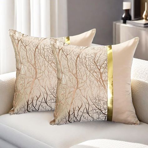 PRICES MAY VARY. Polyester 🎨【Decorative Throw Pillow Cover】: This decorative pillow cover is spliced with gold stripe leather on one side, with a textured design, which is layered, beautiful and refined. The back is solid color, super soft, smooth to the touch and skin-friendly. Embodying luxury in a low-key manner reflects your extraordinary taste！ 🎨【Beautiful Decoration】: The classic color makes this modern pillowcase a perfect match for any style of home decor! Matching decoration for livin Modern Cushion Covers, Beige Throw Pillows, Modern Cushions, Bantal Sofa, 18x18 Pillow Cover, Silk Pillow Cover, تصميم للمنزل العصري, Cushion Cover Designs, Luxury Cushions