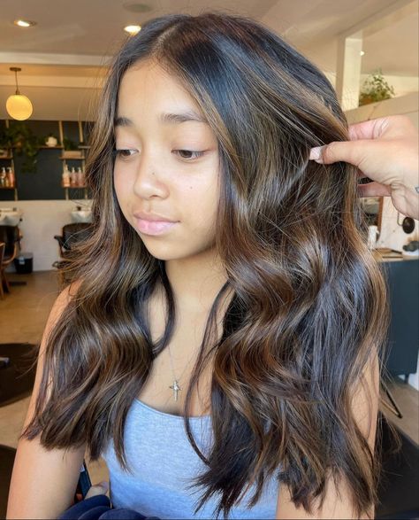 Partial Brown Highlights On Black Hair, Partial Balayage Dark Brown, Brown Highlights On Black Hair Indian, Balayage Hair Indian, Partial Babylights On Dark Hair, Partial Balayage On Black Hair, Caramel Partial Highlights, Brown Balayage Hair On Black Hair, Brunette Foils