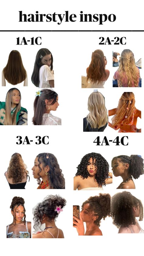 Hairstyle inspo for all hair types, 1a 1b 1c 2a 2b 2c 3a 3b 3c 4a 4b 4c💗 Type 1c Hair, Type 3a Hair, Type 2a Hair, Type 2 Hair, 3c Hair Type, Hair Type Chart, Maintaining Curly Hair, 3a Curly Hair, 4a Natural Hair