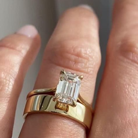 Yellow Gold Emerald Cut Engagement Ring With Wedding Band, Wedding Bands For Square Engagement Ring, Emerald Cut With Wedding Band, Emerald Cut Ring Stack, Emerald Cut Engagement Ring With Band, Thick Gold Wedding Band, Gold Emerald Cut Engagement Ring, Plain Gold Wedding Bands, Thick Wedding Bands