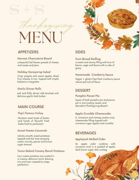 A Fun and Flavorful Thanksgiving Menu Edit – S+S Goods Shop Thanksgiving Food Setup Ideas, Thanksgiving For 15 People, Thanksgiving Dinner Menu Template, Friendsgiving Dinner Menu Ideas, Friends Giving Menu Ideas, Thanksgiving Potluck List, Best Thanksgiving Menu Ideas, Thanksgiving Food List Ideas, Menu For Thanksgiving Dinner