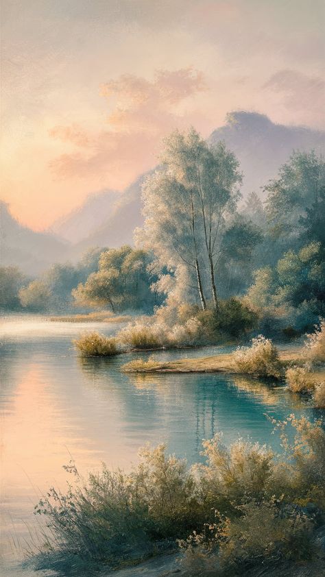 Immerse yourself in the peace of a serene landscape print, showcasing a calm lake and lush greenery in soft pastels. Inspired by the ethereal beauty of Monet and Turner, this impressionistic artwork invites contemplation with its minimalistic elements. Experience tranquility as gentle hues of sunset blend harmoniously, perfect for any art lover seeking tranquility in nature. #ArtPrints #SereneLandscapes #Tranquility Serene Landscape Painting, Peaceful Artwork, Ethereal Paintings, Soft Pastel Art, Serene Landscape, Pastel Landscape, Lush Greenery, Ethereal Art, Ethereal Beauty