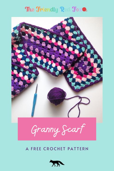 Granny Square Scarf Patterns, Granny Scarf Crochet Pattern, Granny Scarf, Fast Things To Crochet, Granny Square Crochet Scarf, Free Crochet Pattern For Granny Square Scarf, Granny Stitch Scarf, Crochet Granny Scarf, Granny Square Scarf Pattern