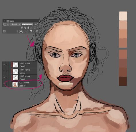 Paint Skin Step By Step, How To Color Skin Digital Realistic, Realistic Skin Tutorial Digital Art, How To Shade Realistic Skin, How To Shade Skin Procreate, How To Paint Realistic Skin, How To Paint Skin Digital Art, Neck Shading Reference, How To Draw Skin Digitally