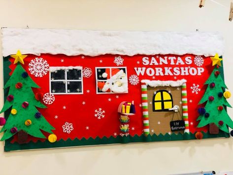 Christmas Decor Santas Workshop, Santa’s Workshop School Hallway, Santa’s Workshop Classroom Decoration, Santa’s Workshop Room Transformation, Santas Workshop Bulletin Board Ideas, Christmas Decor For School Hallway, Santa Workshop Door Decorations, Elf On The Shelf Bulletin Board Ideas, Santa’s Workshop Theme Ideas