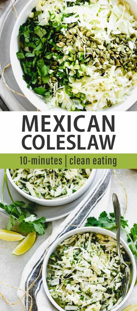 This five minute Mexican coleslaw recipe is made with cabbage, cilantro and lime. It’s a super simple (and healthy) side dish to go with Mexican food. Whole30 approved, vegan, paleo, low carb, and great for clean eating. Mexican Coleslaw Recipe, Mexican Coleslaw, Green Onions Recipes, Taco Side Dishes, Cilantro Salad, Healthy Coleslaw, Cabbage Salad Recipes, Mexican Side Dishes, Paleo Salads