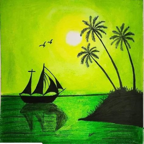 Easy Drawing for children and teachers Simple Soft Pastel Art, Nature Drawing Ideas With Oil Pastel, Scenery Painting Oil Pastel, Green Colour Drawing, Oil Pastel Scenery Landscape Paintings, Oil Pastel Art Nature, Oil Pastels Scenery, Oil Pastel Art Scenery, Natural Scenery Drawing With Oil Pastels