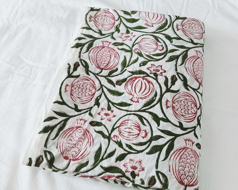 Pomegranate Block Print, Pomegranate Print, Printed Fashion, Pink Embroidery, Linen Tea Towel, Batik Prints, Organic Linens, Warm Blankets, Pomegranate