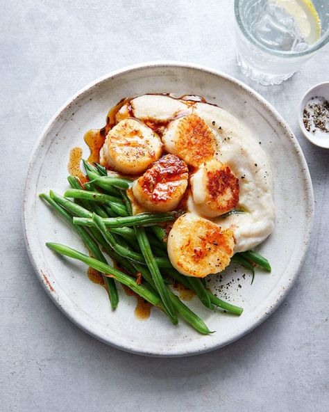 Scallops with cauliflower and bean purée | delicious. magazine Scallops And Cauliflower, Healthy Scallop Recipes Clean Eating, Scallops With Cauliflower Puree, Fish With Cauliflower Puree, Scallop And Pea Puree, Scallops Butternut Squash Puree, Cauliflower Puree, Delicious Magazine, Scallop Recipes