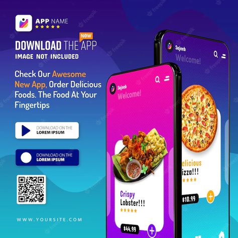 Premium PSD | New smartphone app promotion mockup, logo and download buttons with scan qr code Mockup Logo, Scan Qr Code, Fit App, App Promotion, Food Cost, Food Delivery App, Photoshop Design Ideas, Delivery App, Mobile App Development Companies