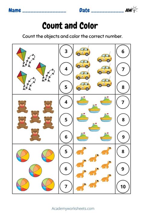 Count, match and color the number to the objects. Kindergarden Math, Math Counting Worksheets, Kindergarten Math Printables, Counting Worksheets For Kindergarten, Counting Activities Preschool, Kindergarten Math Free, Kindergarten Math Worksheets Free, Counting Objects, Preschool Counting