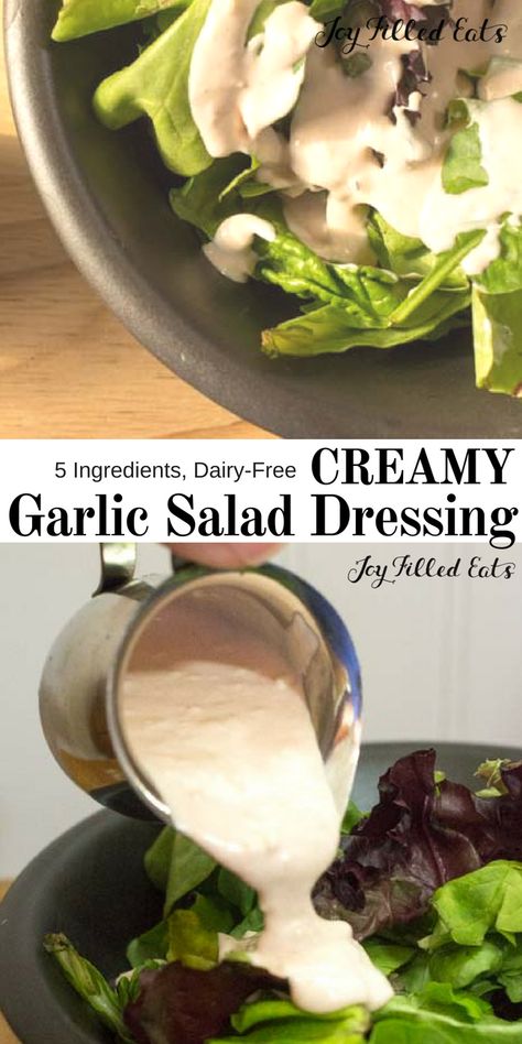 Creamy Garlic Salad Dressing Recipe - Low Carb, Keto, Gluten-Free, Grain-Free, Dairy-Free, THM S, Paleo - If you love garlic this Creamy Garlic Salad Dressing Recipe is for you. Just 5 ingredients and a few minutes to a delicious dairy-free salad dressing full of flavor. It is the perfect drizzle on top of mixed greens or fresh sliced tomatoes. #keto #lowcarb #paleo #glutenfree #dairyfree #thm #trimhealthymama #5ingredients #easy #saladdressing Creamy Garlic Salad Dressing, Dairy Free Dip Recipes, Garlic Salad Dressing Recipe, Dairy Free Salad Dressing, Creamy Garlic Dressing, Garlic Salad, Dairy Free Dressing, Garlic Salad Dressing, Keto Salad Dressing