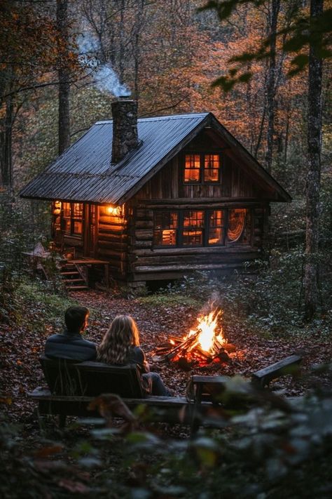 Beautiful Camping Pictures, Cabin In The Woods Honeymoon, Cozy Cabin Aesthetic Couple, Cozy Log Cabin Aesthetic, Honeymoon In Mountains, Tiny House Mountain Cabin, Romantic Cabin Aesthetic, Couple In Cabin, Living Life Aesthetic Pictures