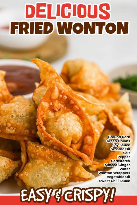 Deep Fried Wontons Pork, Pork Shrimp Wonton, Pork Fried Wontons, Homemade Pork Wontons, Asian Wonton Recipes, Pork Won Ton Recipes, Fried Wontons Recipes, Deep Fried Dumplings, Ground Chicken Wontons