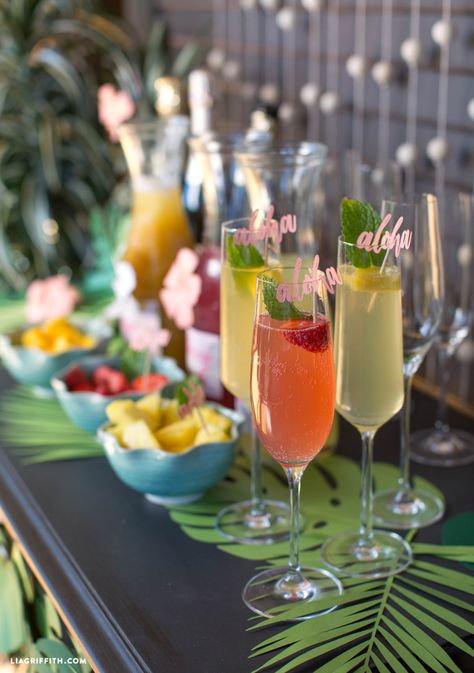 Tropical Bridal Shower Theme, Tropical Bridal Shower Decorations, Bridal Shower Mimosa Bar, Hawaiian Bridal Shower, Bridal Shower Mimosa, Luau Bridal Shower, Bridal Shower Table Decorations, Tropical Showers, Beach Drink