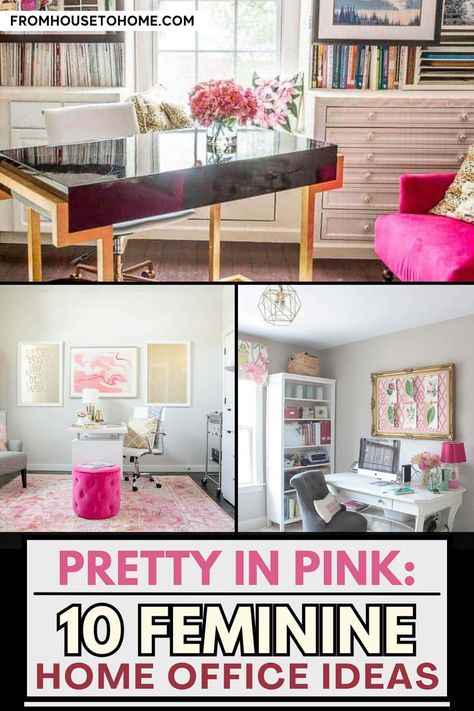 pretty in pink: 10 feminine home office ideas Glam Home Office Ideas, Beautiful Office Decor, Feminine Home Office Ideas, Pink Home Office, Feminine Home Office, Blue Home Offices, Home Office Built Ins, Feminine Home, Elegant Home Office