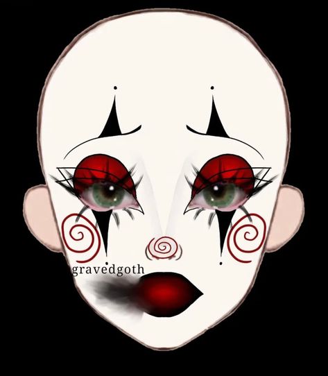 credit @gravedgoth if you use as inspo Cute Clown Makeup Red And Black, Red Black And White Clown Makeup, Red And Black Jester Makeup, Black White And Red Clown Makeup, Makeup Looks Creative Cool, Red Black Clown Makeup, Black And Red Clown Outfit, Clown Makeup Template, Vampire Clown Makeup