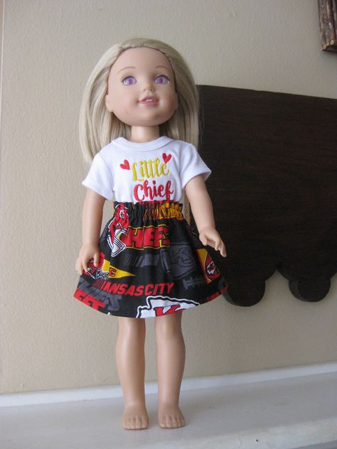 This listing is for the Kansas City Chiefs Skirt and Top. Made to fit Wellie Wishers Doll and Glitter Girl Doll. Back of top has Velvroish as closing.  The doll stays here with me. I work in a smoke free and pet free home. Thank you for looking. Wellie Wishers Dolls, Here With Me, The Chiefs, Wellie Wishers, Skirt And Top, Glitter Girl, Top And Skirt, The Doll, Doll Clothing