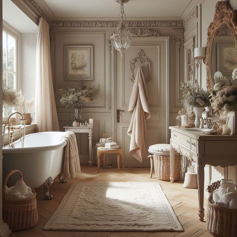 French Master Bath Ideas, French Chateaux Interiors, French Country Blue Bathroom, French Country Master Bath Bathroom, French Farmhouse Bathroom Ideas, French Country Cottage Bathroom Master Bath, French Apartment Aesthetic Bathroom, French Country Bathroom Decor, Romantic Bathroom Ideas