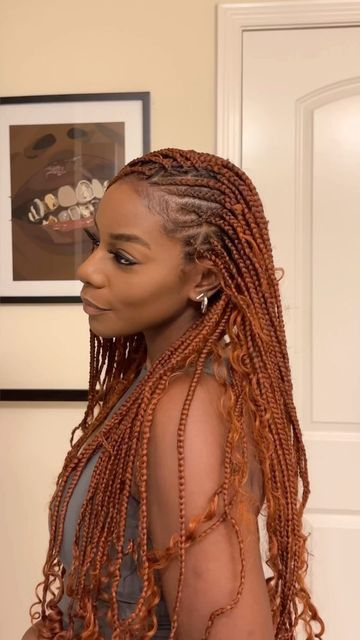 Claire Adekanye | Natural Hair on Instagram: "Flip Over Fulani Braids but make it ginger 🧡  Come with me to get some Fulani braids. I wanted to try this style as soon as it came out. I love the versatility of this style!  I was so happy to find this copper braiding hair by @shakengo_hair. It hasn’t been a month since I dyed my roots and the new growth is crazy!!   Braids 🤍 @touchedbynefe_ @nefertari_anyika   #flipoverfulanibraids #fulanibraids #protectivestyles #braidinghair #gingerhair #bohobraid" Fulani Braids Color 30, Ginger Fulani Braids With Curls, Flip Fulani Braids, Copper Red Braids, Fulani Braids Ginger, Ginger Braided Hairstyles, Ginger Fulani Braids, Flip Over Fulani Braids, Copper Braids