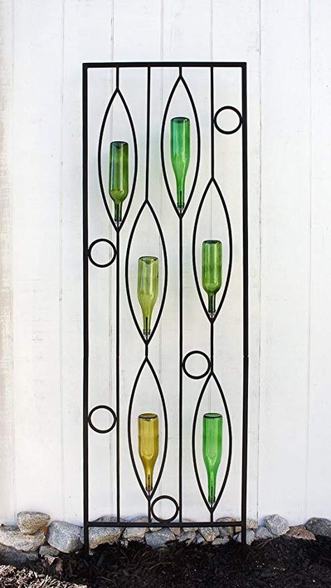 Wine Bottle Fence, Wine Bottle Trees, Outdoor Backdrops, Vintage Wine Bottle, Wood Trellis, Colored Glass Bottles, Bottle Trees, Outdoor Screens, Bottle Tree