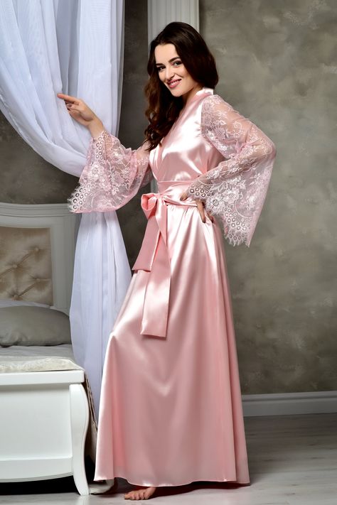 Wedding Kimono Robe, Long Bridal Robe, Bridal Dressing Gown, Satin Dressing Gown, Bridesmaid Kimono, Night Gown Dress, Lace Bridal Robe, Bridal Kimono, Kimono Dressing Gown