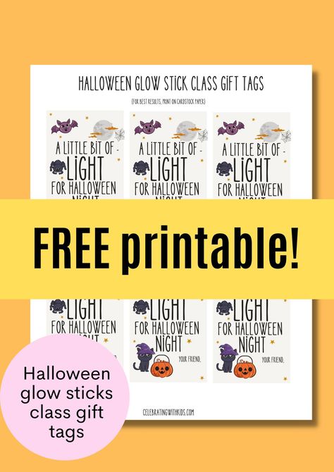 Discover an effortless Halloween class gift idea that’s both budget-friendly and delightful! These glow stick gifts, paired with charming printable tags, offer a unique and thoughtful alternative to traditional treats. Halloween Treats To Give Students, Glow Sticks Halloween Treats, Halloween Glow Sticks Free Printable, Glow Stick Gift Tags Free Printable, Halloween Glow Sticks, Toddler Halloween Class Treats, Glow Stick Halloween Treats, A Little Light For Halloween Night Free, Halloween Classmate Gifts