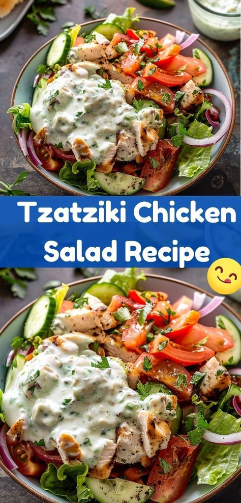 Looking for dinner ideas? Try our Tzatziki Chicken Salad Recipe. Perfect for healthy and easy dinner recipes, this chicken salad is ideal for family dinners. Enjoy one of the best tzatziki recipes tonight! Tzatziki Chicken Salad, Tzatziki Chicken, Greek Tzatziki, Healthy Chicken Salad Recipe, Greek Chicken Salad, Tzatziki Recipes, Low Carb Salad, Chicken Salad Recipe, Homemade Salads