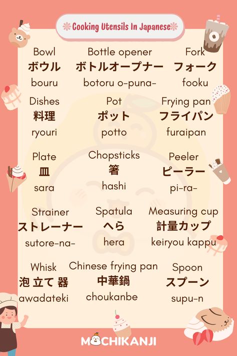 Ever wondered how to name cooking utensils in Japanese? Practice these essential phrases! Learn more Japanese vocabulary here: https://mochidemy.com/support/how-to-say-good-morning-in-japanese/ #JapaneseCookingUtensils #LearnJapanese #LearnKanji #MochiKanji #MochiKana Abc In Japanese, Common Japanese Words, Beginner Japanese, Japanese Slang, Japanese Beginner, Japanese Tips, Learn Kanji, Learn Japanese Beginner, Japanese Alphabet