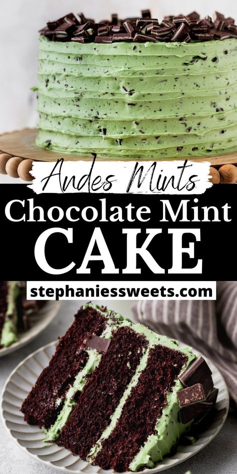 This chocolate mint layered cake is a moist chocolate cake filled with chopped Andes mints. It is topped with a chocolate mint frosting. White Chocolate Mint Cake, Chocolate Mint Layer Cake, Chocolate Mint Pound Cake, Chocolate And Mint Cake, Chocolate Cake With Mint Frosting, Andes Mint Chocolate Cake, Mint Chocolate Chip Icing, Dark Chocolate Mint Cake, Andes Chocolate Cake