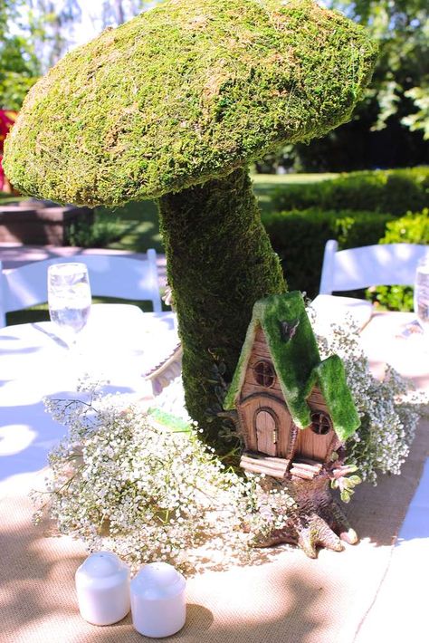 Enchanted Fairy Gardens | CatchMyParty.com Fairy Tale Birthday Party, Forest Decorations, Fairies Party, Enchanted Forest Decorations, Garden Fairy Costume, Alice In Wonderland Garden, Enchanted Forest Birthday, Wonderland Garden, Garden Displays