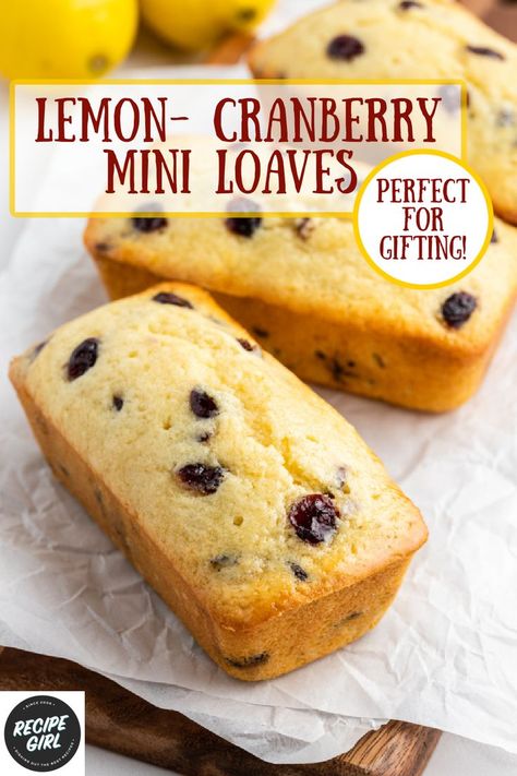 This recipe for Lemon Cranberry Mini Loaves turns out a delicious lemony bread studded with dried cranberries. Photographs included. Cranberry Mini Loaves, Dried Cranberry Muffins, Lemon Cranberry Muffins, Dried Cranberries Recipes, Mini Bread Loaves, Loaf Bread Recipe, Lemon Cranberry, Mini Loaf Cakes, Mini Loaves