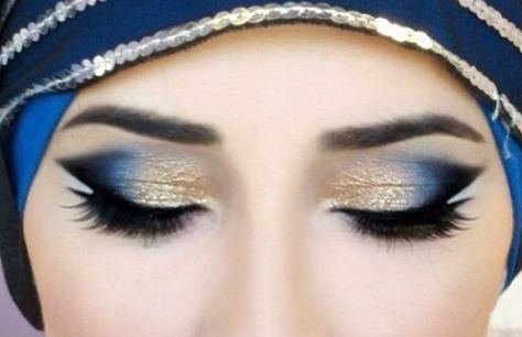 Simple Blue And Gold Eye Makeup, Royal Blue And Gold Eye Makeup, Blue And Gold Makeup Ideas, Blue And Gold Eyeshadow Looks, Blue And Gold Eye Makeup, Blue And Gold Makeup, Rust Outfit, Aladdin Makeup, Dancesport Makeup