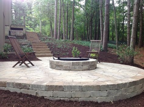 Belgard Rustic Patio & Firepit | Project Gallery | LawnCare by Walter, Inc. Fire Pit Sloped Backyard, Lake House Patio, Paver Fire Pit, Patio Landscape Design, Fire Pit Plans, Outdoor Fire Pit Area, Fire Pit Wall, Backyard Walkway, Sloped Yard