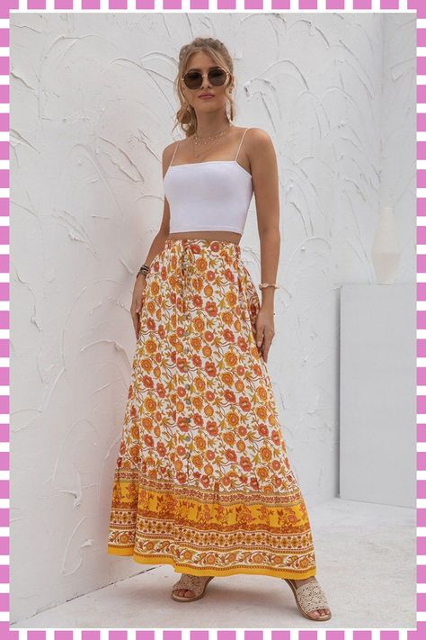 [PaidAd] Attention To All Of Our Customers. The Size Chart Is In The Last Image - Make Sure To Choose Correct Sizing.Please Take Measurements Before Ordering. Bohemian Floral Pattern Yellow Summer Skirt | Boho Skirt | Summer Skirt | Fall Skirt | Holiday Skirt | Beach Skirt | Yellow Skirt This Beautiful Bohemian Floral Pattern Yellow Spanish Style Summer Skirt Is Perfect For Any Sunny Day! The Bright Yellow Hue And Bold Floral Pattern Of This #bohoskirtoutfitsummerstyles Bohemian Maxi Skirt, Floral Print Maxi Skirt, Bohemian Style Clothing, Hippie Skirts, Boho Style Outfits, Bohemian Maxi, Floral Print Chiffon, Skirt Maxi, Beach Skirt