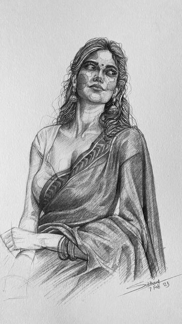 Indian Women Pencil Drawings, Lady Sketch Pencil Art, Indian Woman In Saree Pencil Sketch, Saree Women Drawing, Women In Saree Pencil Sketch, Sari Sketch, Woman Sketch Face, Indian Women Sketch, Sketches Realistic