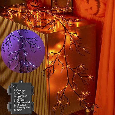 Black Garland, Twigs Decor, Garland With Lights, Purple Led Lights, Led Garland, Spooky Home Decor, Lighted Branches, Halloween Garland, Halloween Kitchen