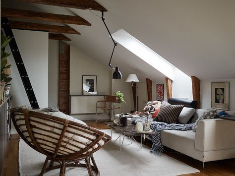 A Cozy Scandinavian Attic Apartment — THE NORDROOM Slanted Ceiling Living Room, Attic Kitchen Ideas, Scandinavian Attic, Attic Living Room, Attic Kitchen, Cozy Scandinavian, Multifunctional Room, Small Space Hacks, Attic House