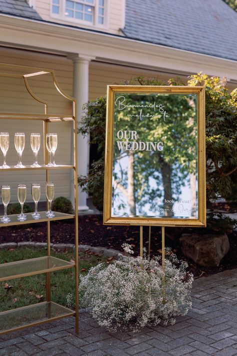 Wedding Entrance Decor with Baby's Breath Ground Floral Arrangement and White Calligraphy Wedding Seating Mirror, Ceremony Entrance Decor, Wedding Entrance Decor Entryway, Champagne Shelf, Welcome Table Wedding Entrance, Gold Mirror Wedding, Mirror Wedding Signs, Ceremony Entrance, Bilingual Wedding