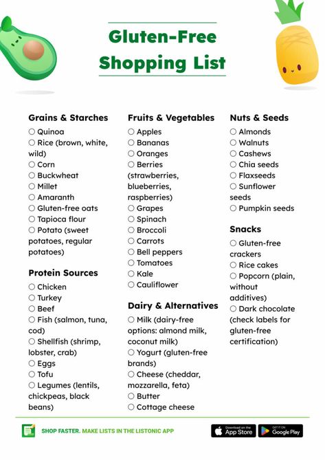 It’s no surprise why going gluten-free is so popular nowadays – it’s not only recommended for people with gluten sensitivity, but also those simply looking for a healthier lifestyle. In this article, you will find everything you need to get started: a gluten-free food list and a convenient shopping list to help you navigate your gluten-free journey with ease. Foods With Gluten List Of, Gluten Free Guide Food Lists, Gluten Free Symptoms Signs, Gluten Free And Hashimotos, What Are Gluten Free Foods, Eating Gluten Free How To Start, Common Gluten Free Foods, Gluten Free Infographic, Starting Gluten Free Diet