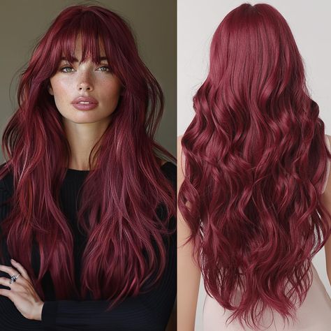 PRICES MAY VARY. 【Striking Red Hair】 Our 26-inch long wavy wig for women features vibrant red hair, adding a bold and eye-catching element to your style. Stand out from the crowd and make a statement with this stunning wig. 【Natural Looking & Soft & Full Hair:】Crafted with high-quality heat-resistant synthetic fiber, our wig offers a natural look and feel. The soft and full hair texture mimics real human hair, ensuring a realistic and comfortable wearing experience. 【Versatile for Any Occasion】W Burgundy Wig With Bangs, Red Hair Curly, Red Wavy Hair, Red Velvet Hair, Burgundy Wig, Raspberry Wine, Vibrant Red Hair, Curly Synthetic Wig, Red Hair Inspiration