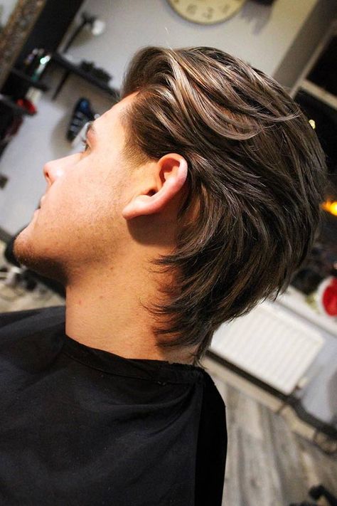 Slicked Back Mullet #mullethaircut #slickedback #mediumhair #menshaircuts❤️ In case you didn’t know mullet haircut is that one cut that will allow you to wear business in the front while rocking the party in the back!❤️ #menshaircuts #shorthaircuts #blackhair Fesyen Rambut Lelaki, Mullet Wigs, Blowout Haircut, Mullet Wig, Gents Hair Style, Guy Haircuts Long, Fotografi Urban, Mullet Haircut, Mens Hairstyles Medium