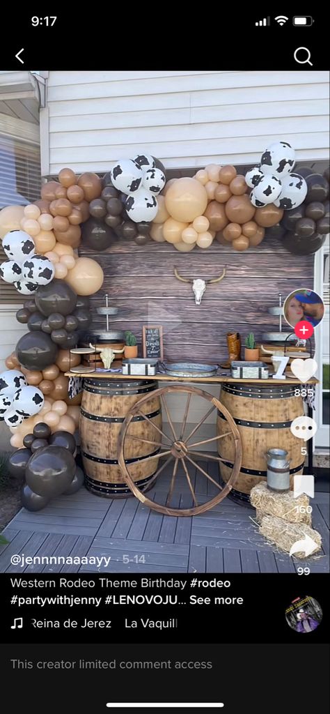 Cow Theme Bday Party, 50th Birthday Cowboy Theme, Mens Western Theme Party, Classy Western Party Ideas, Vaquera Themed Party, Stagecoach Party Theme, Cowboy Theme Balloon Garland, Buckaroo Birthday Party, Rodeo Desert Table