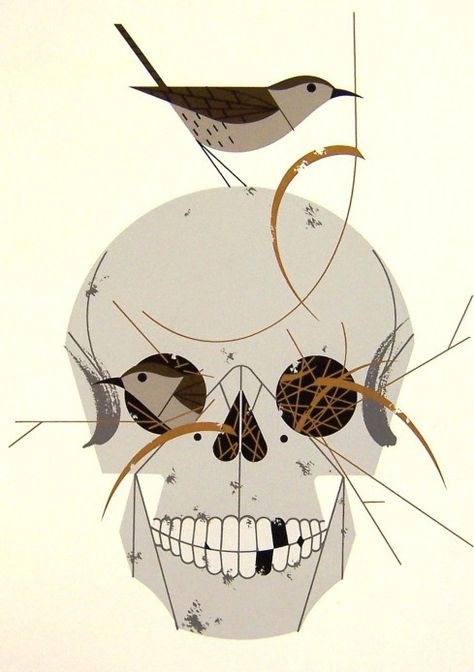 Wrented by Charley Harper, a wren perched on  top of human skull,skull as a nest,charley harper art,charley harper bird paintings,Charley Ha... Charley Harper Art, Charlie Harper, Bird Artists, Charley Harper, Signed Artwork, Skull Painting, Human Skull, Art Et Illustration, A Skull